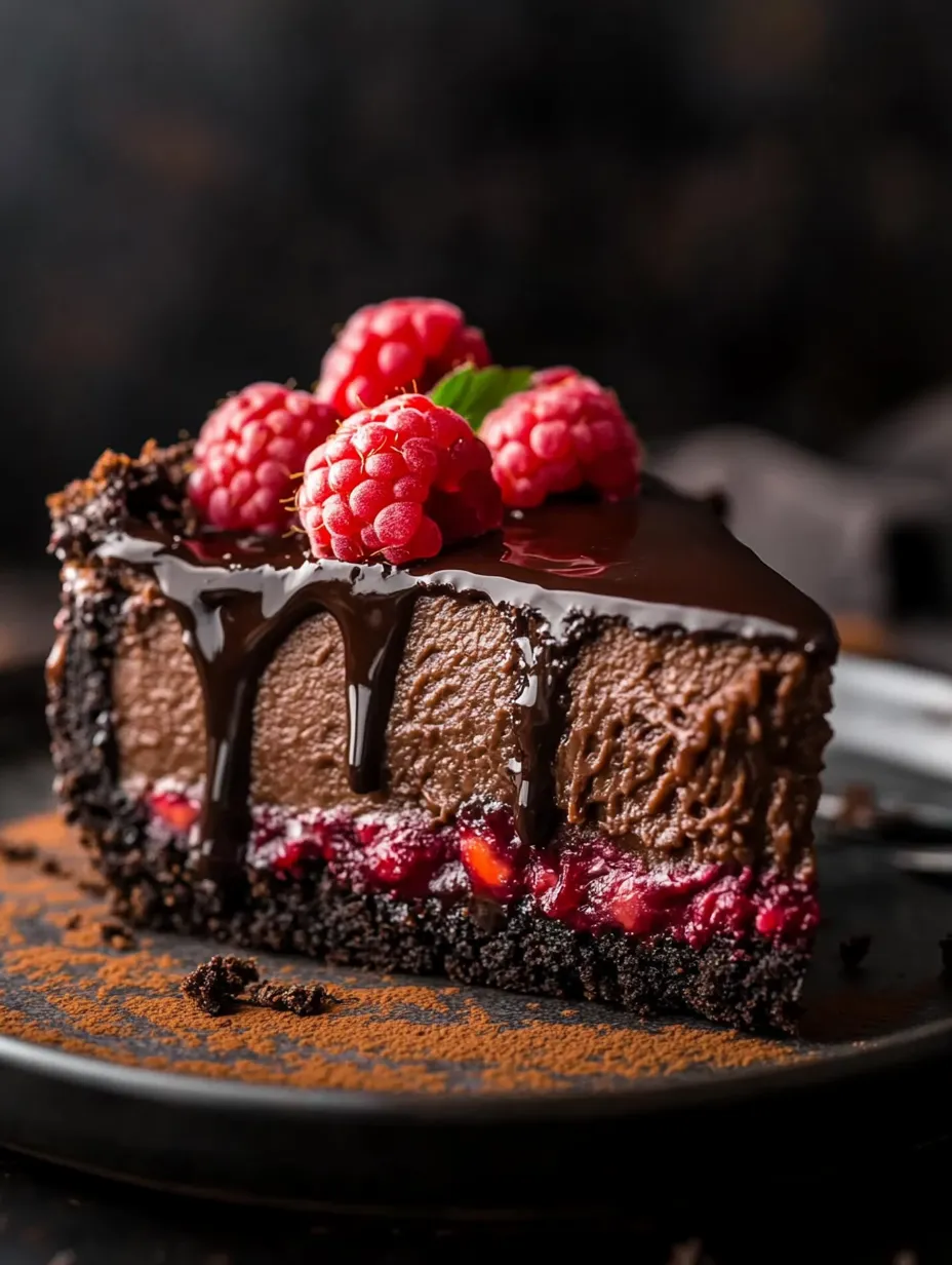 Ein Stück Schokoladenkuchen mit Himbeeren obendrauf.