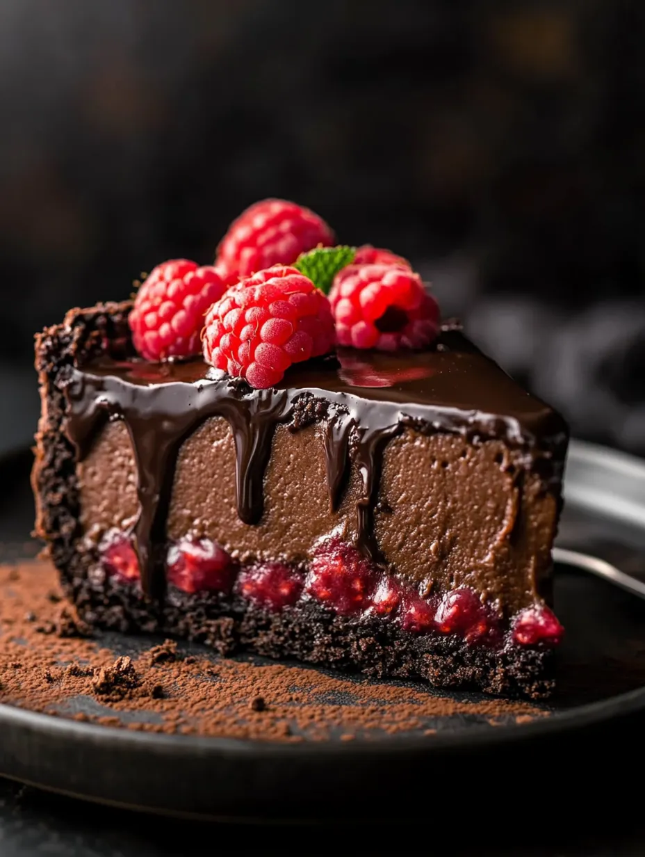 Ein Stück Schokoladenkuchen mit Himbeeren obendrauf.