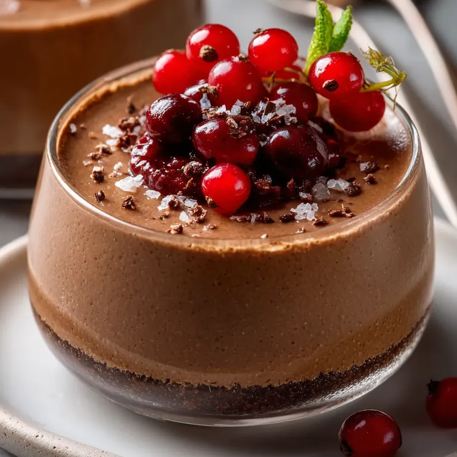 Ein schokoladiges Dessert mit Beeren oben drauf.