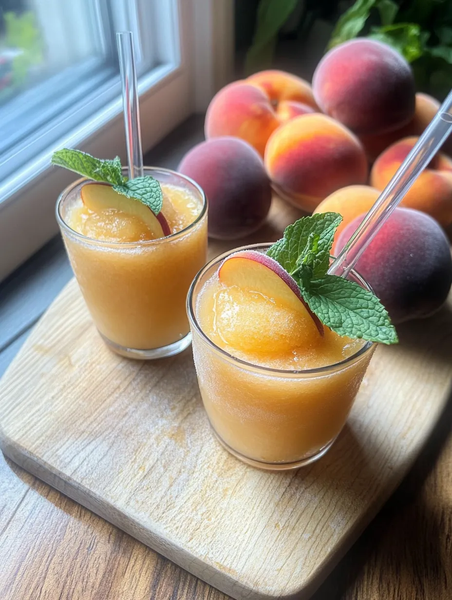 Zwei Gläser Pfirsichsaft mit Minze dekoriert.
