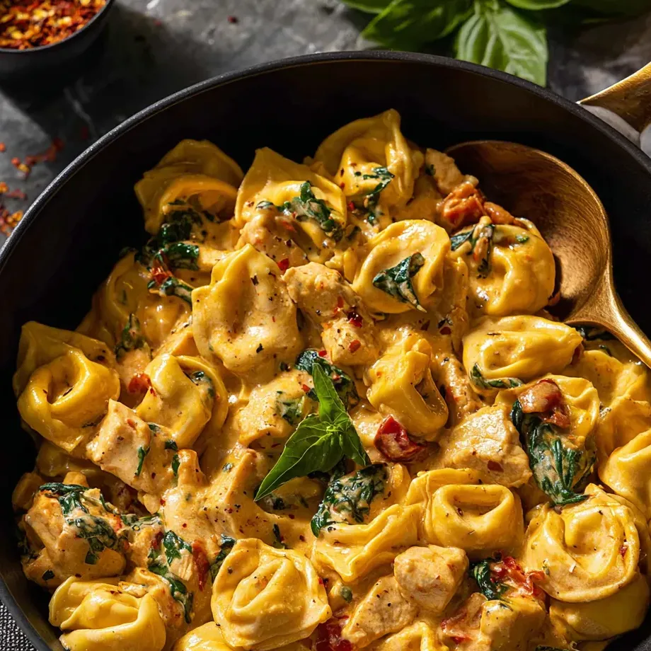 Eine Schüssel Pasta mit Löffel darin.