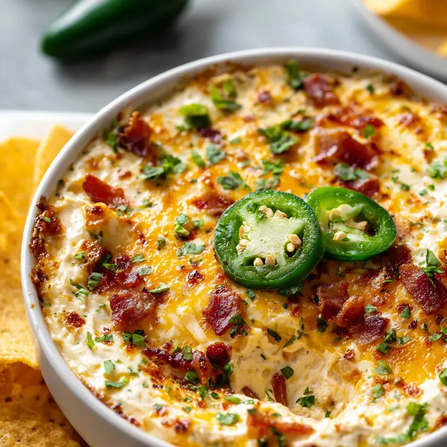 Eine Schüssel Dip mit Jalapenos und Bacon.