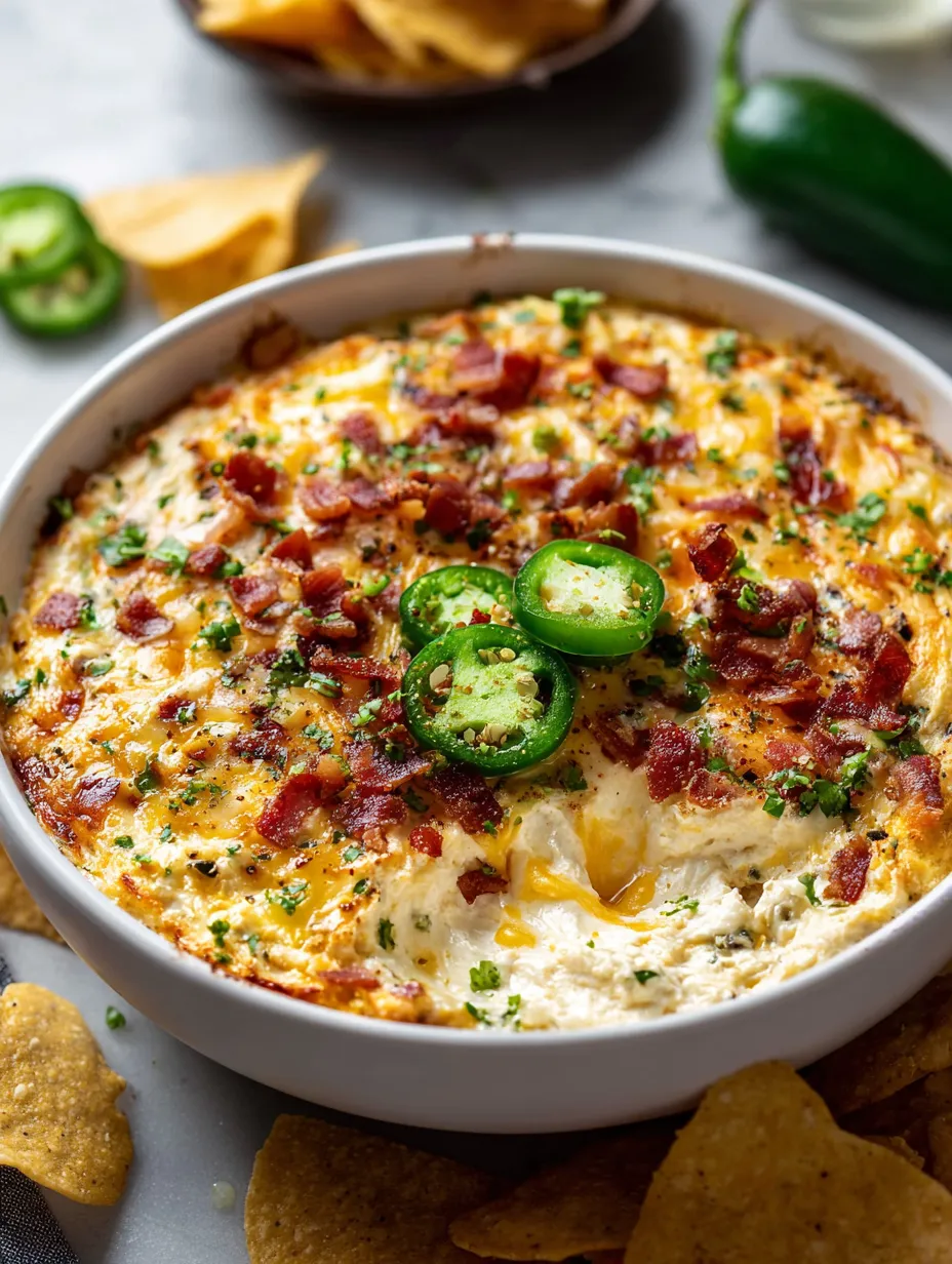 Eine Schüssel voller Dip mit Jalapeños obendrauf.
