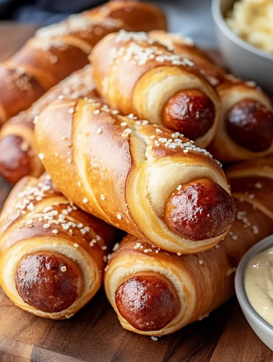 Ein Haufen Würstchen im Teig mit einer Schale Senf.