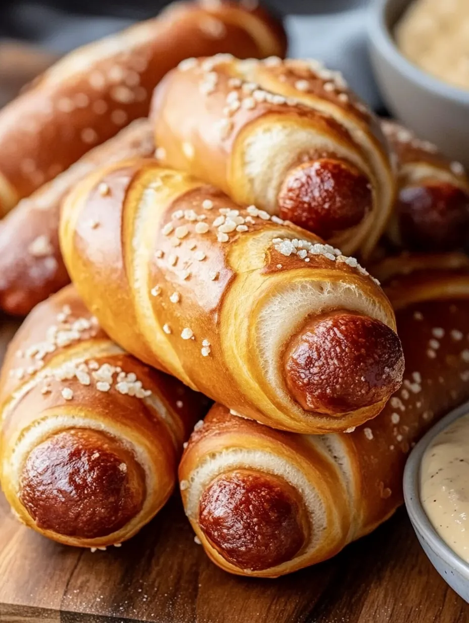 Ein Haufen Würstchen im Teig mit einer Schale Senf.