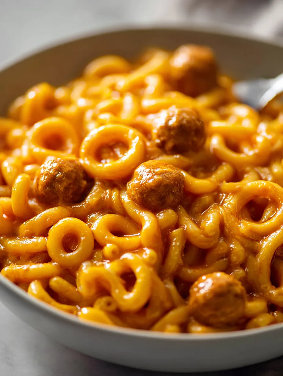 Eine Schüssel Pasta und Fleischbällchen.