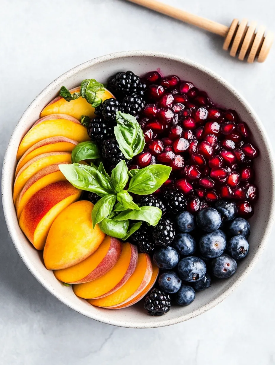 Eine Schale mit Blaubeeren, Pfirsichen und Brombeeren.
