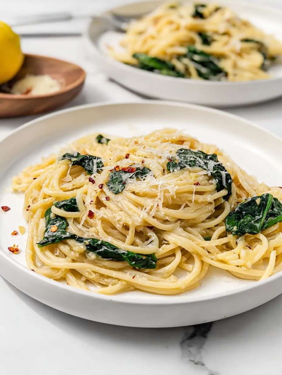 Ein Teller Pasta mit Spinat und Käse.