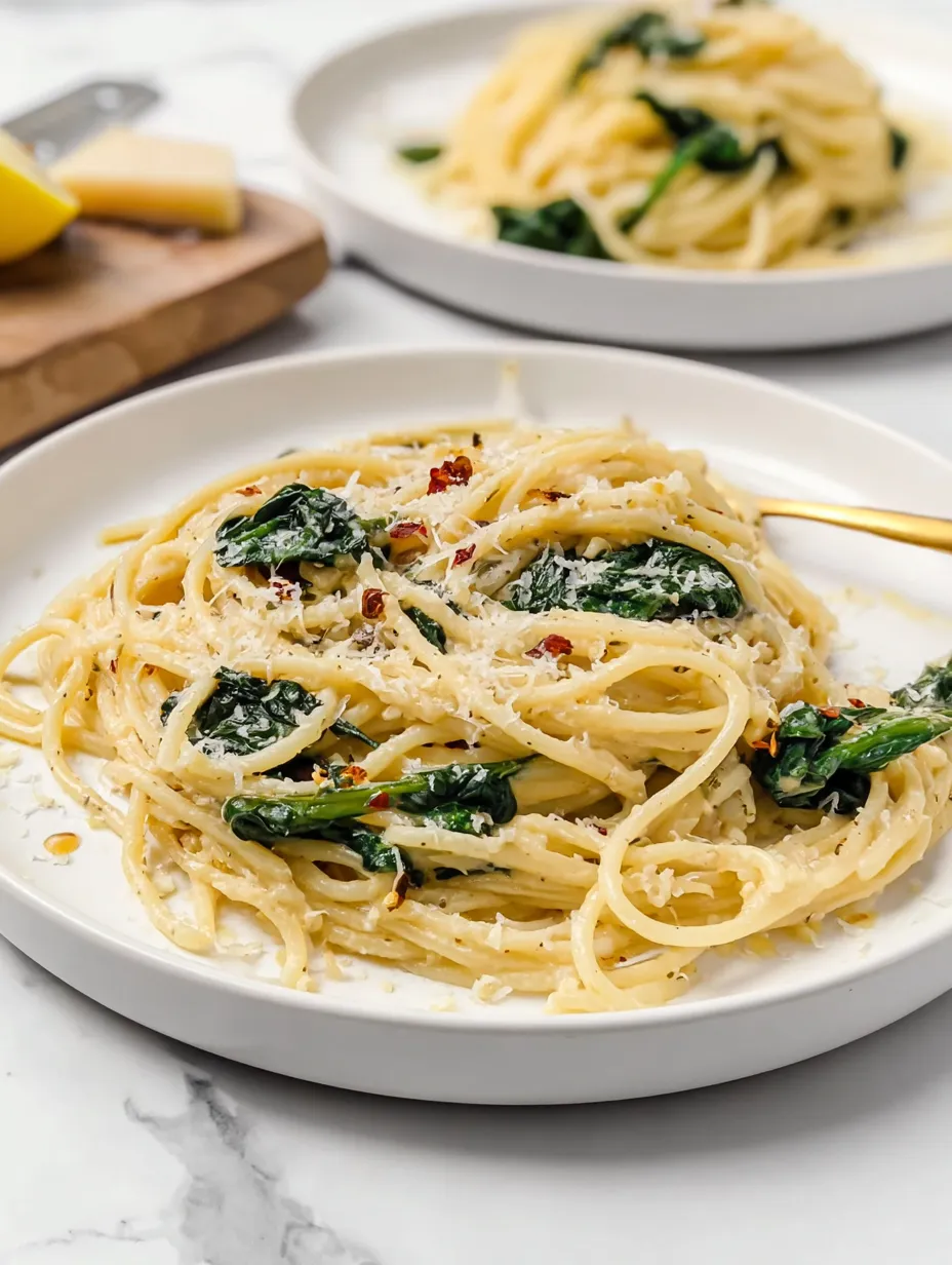 Ein Teller Pasta mit Spinat und Käse.