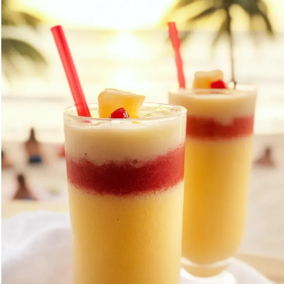 Zwei Gläser Ananassaft mit roten Strohhalmen.