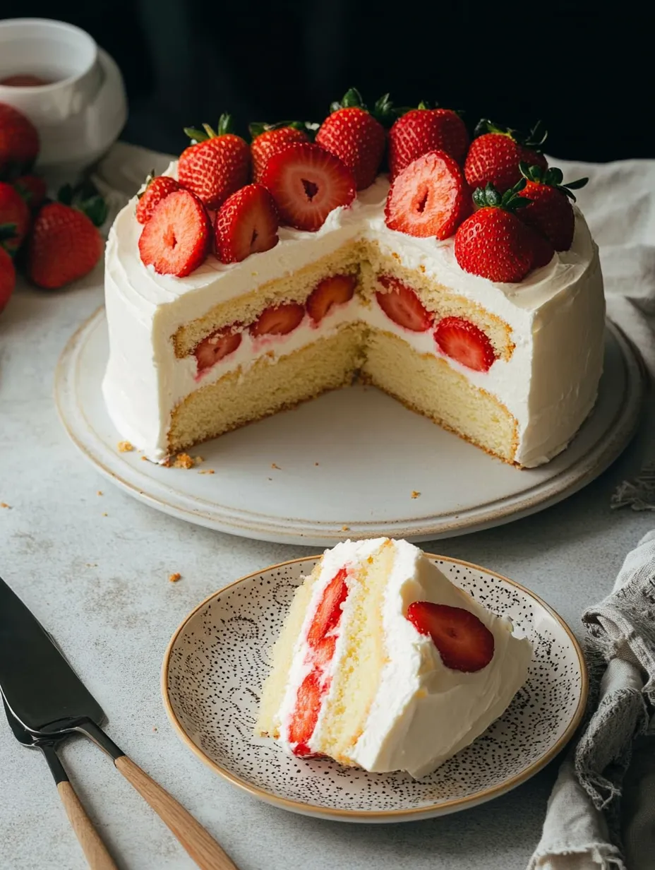 Ein Anschnitt vom Kuchen, dekoriert mit frischen Erdbeeren.