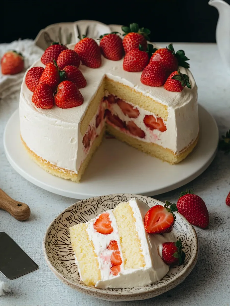 Ein Anschnitt vom Kuchen, dekoriert mit frischen Erdbeeren.