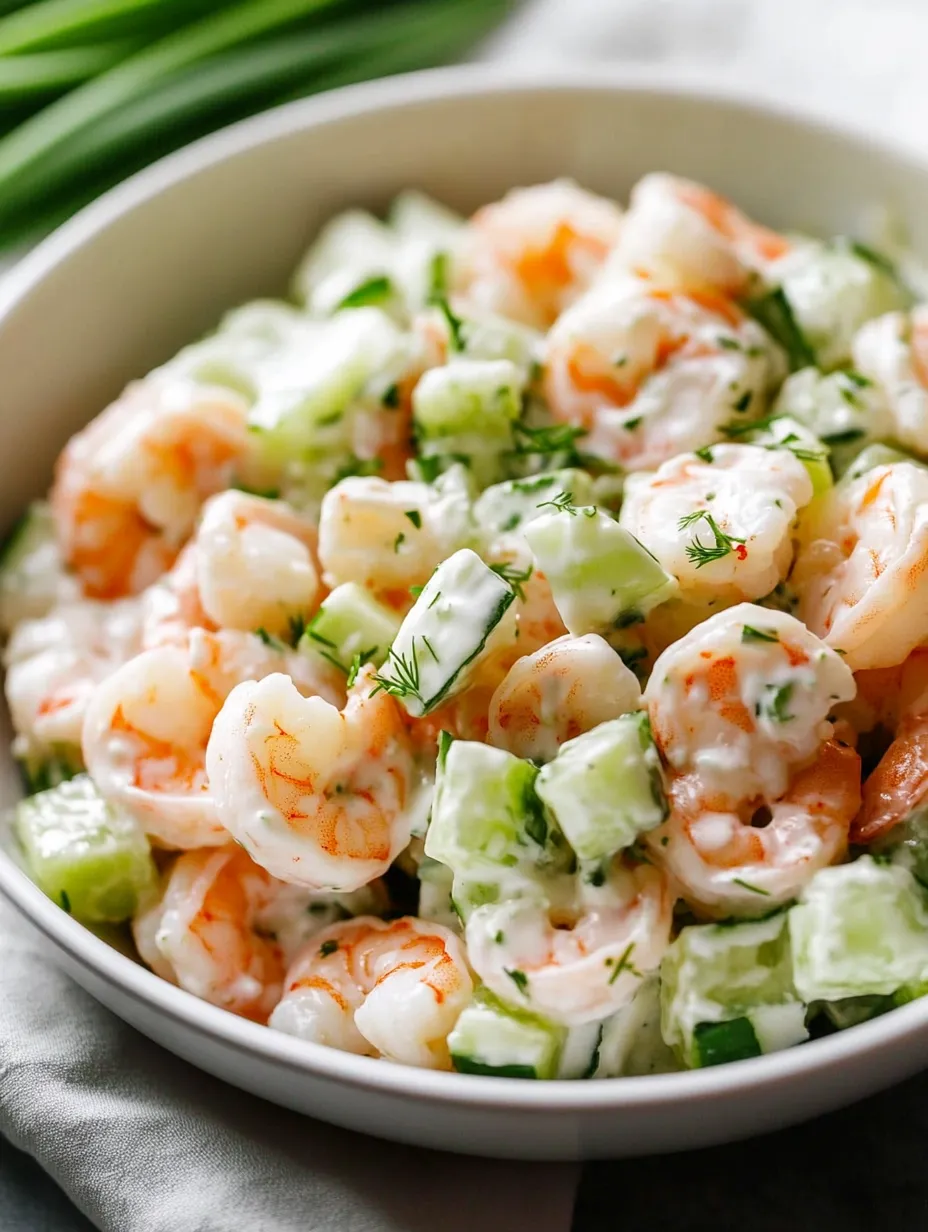 Eine Schale mit Garnelensalat, Gurken und weißem Dressing.
