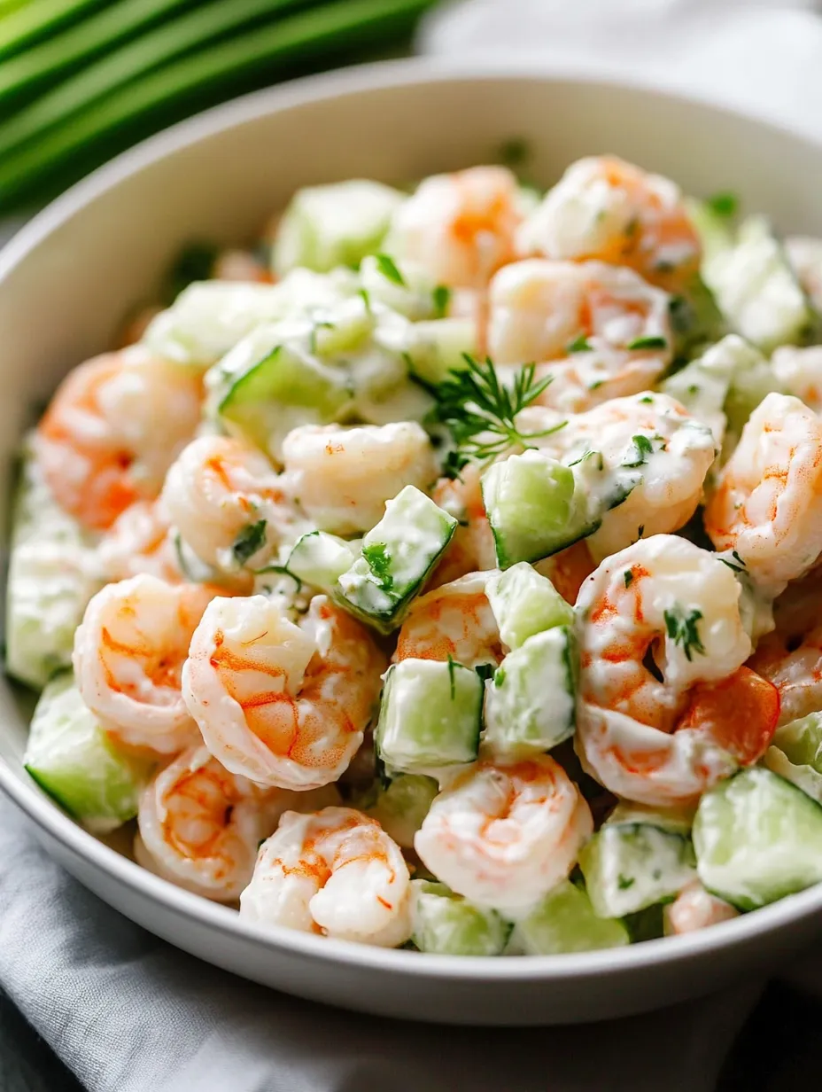 Eine Schale mit Garnelensalat, Gurken und Kräutern.