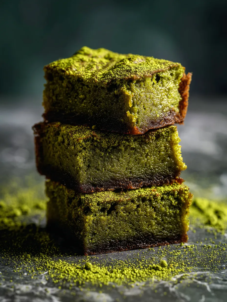 Drei grüne Kuchenstücke übereinander, eins angeschnitten.