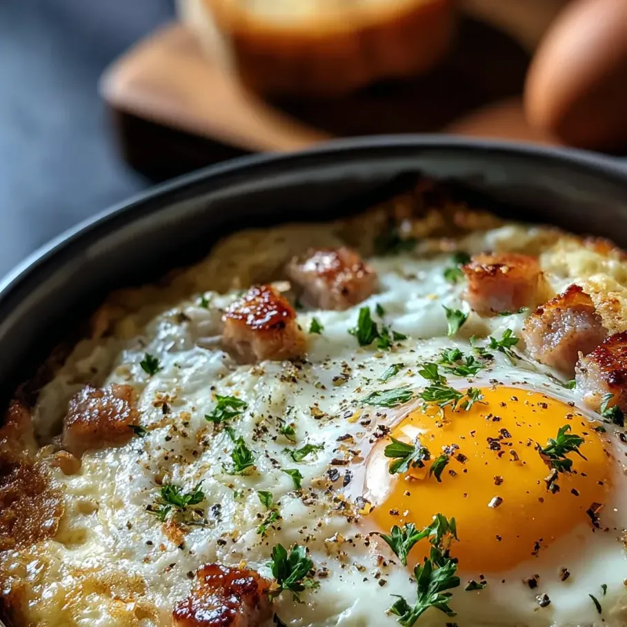 Gebratenes Ei mit Speck und frischen Kräutern.