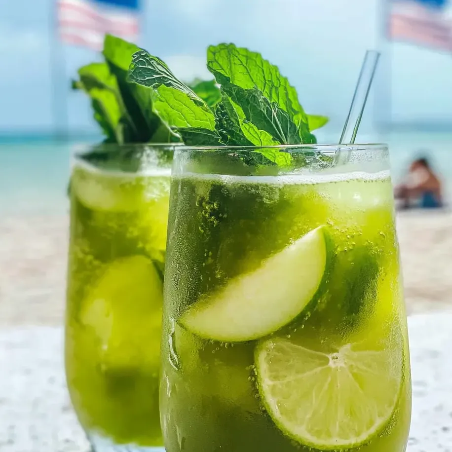 Zwei Gläser grüner Drink mit Zitronenscheiben.