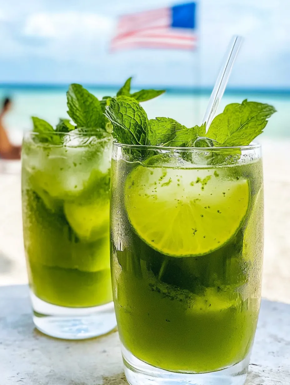 Zwei Gläser mit grünen Drinks auf einem Tisch.