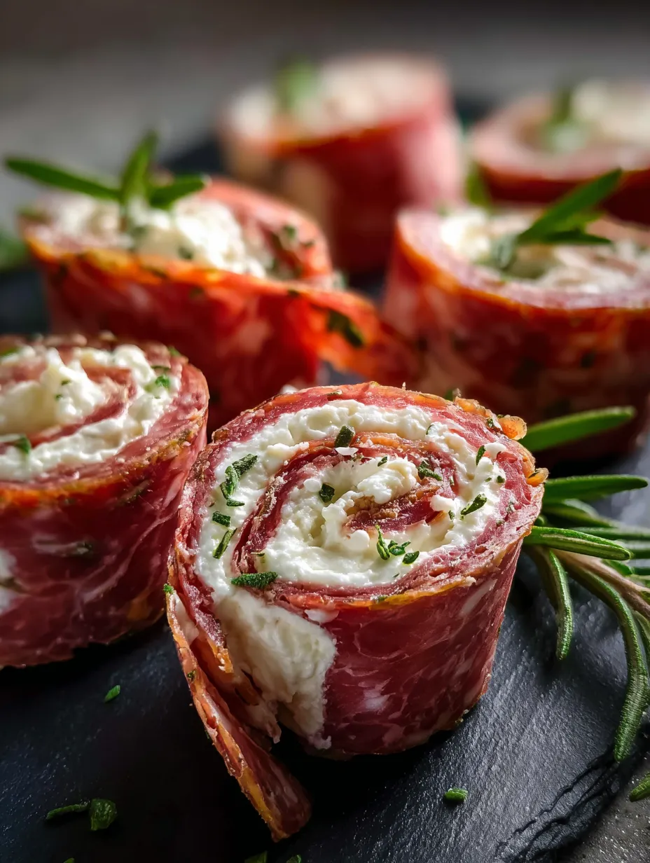 Ein Teller mit Fleischröllchen und Käse.