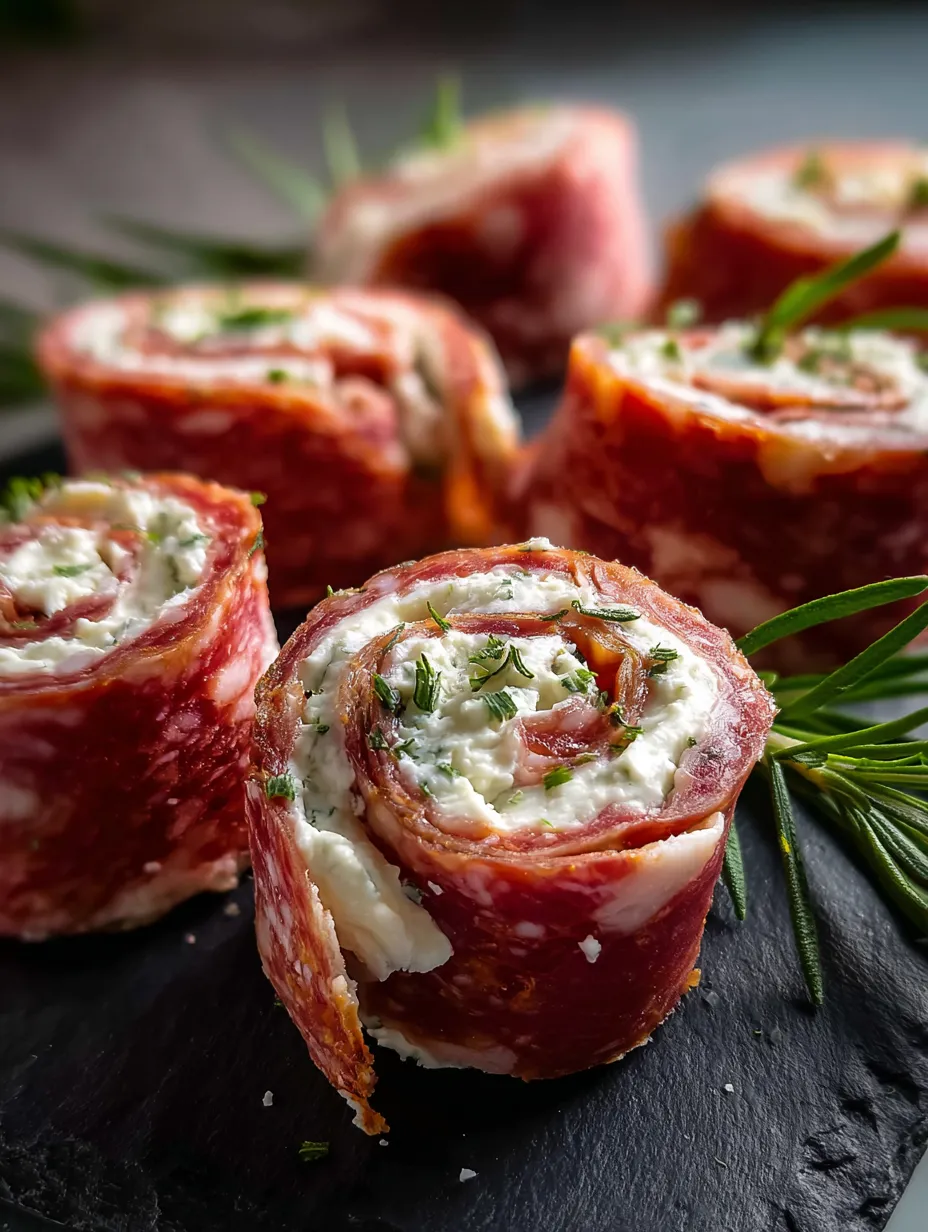 Fleischscheiben, umwickelt mit Käse und Kräutern.