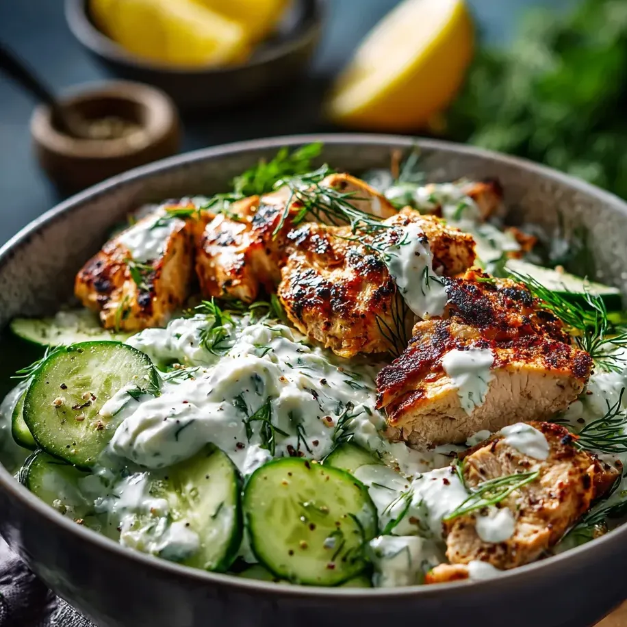Eine Schale mit Hähnchen, Gurken und cremiger Sauce.