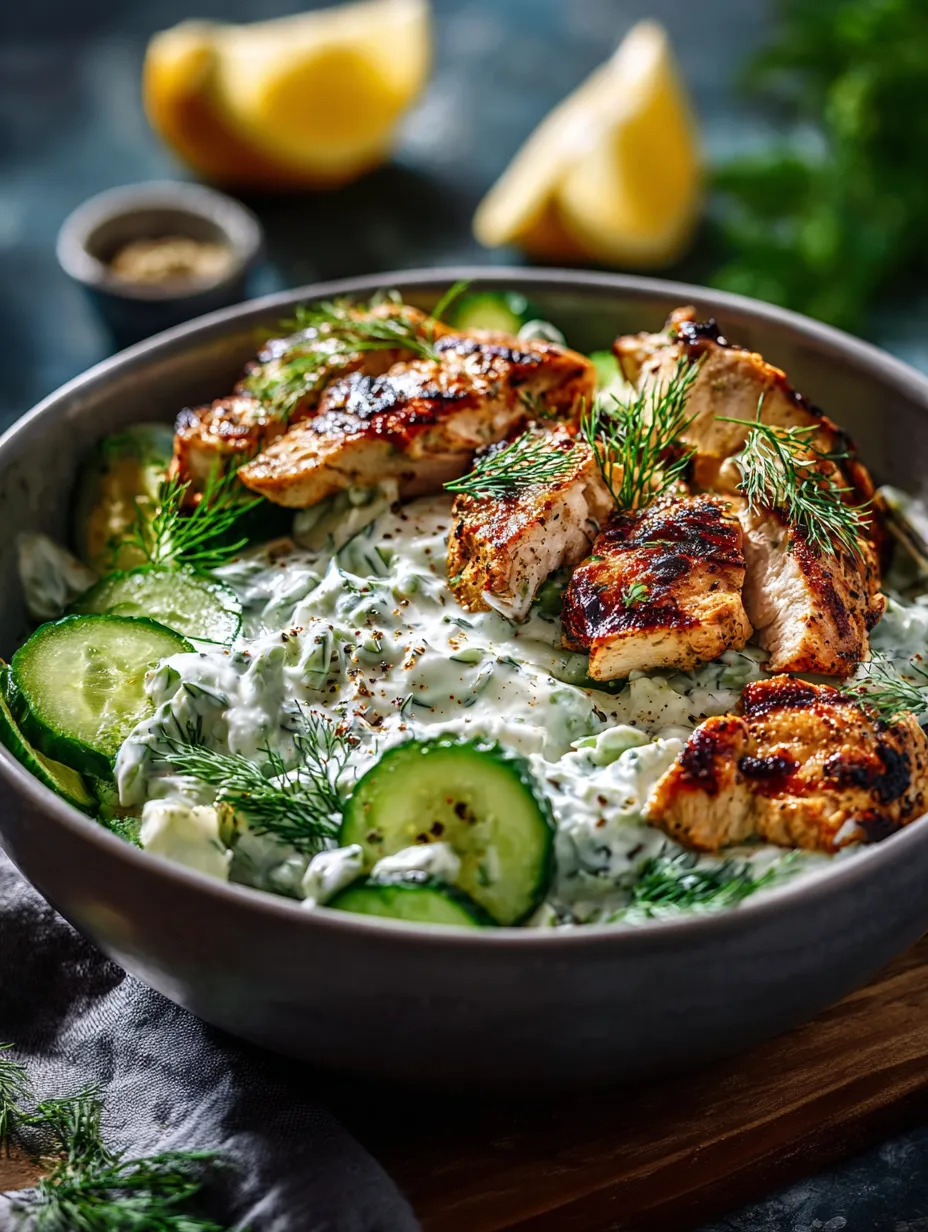 Schüssel mit Hähnchen, Gurken und Zitrone.