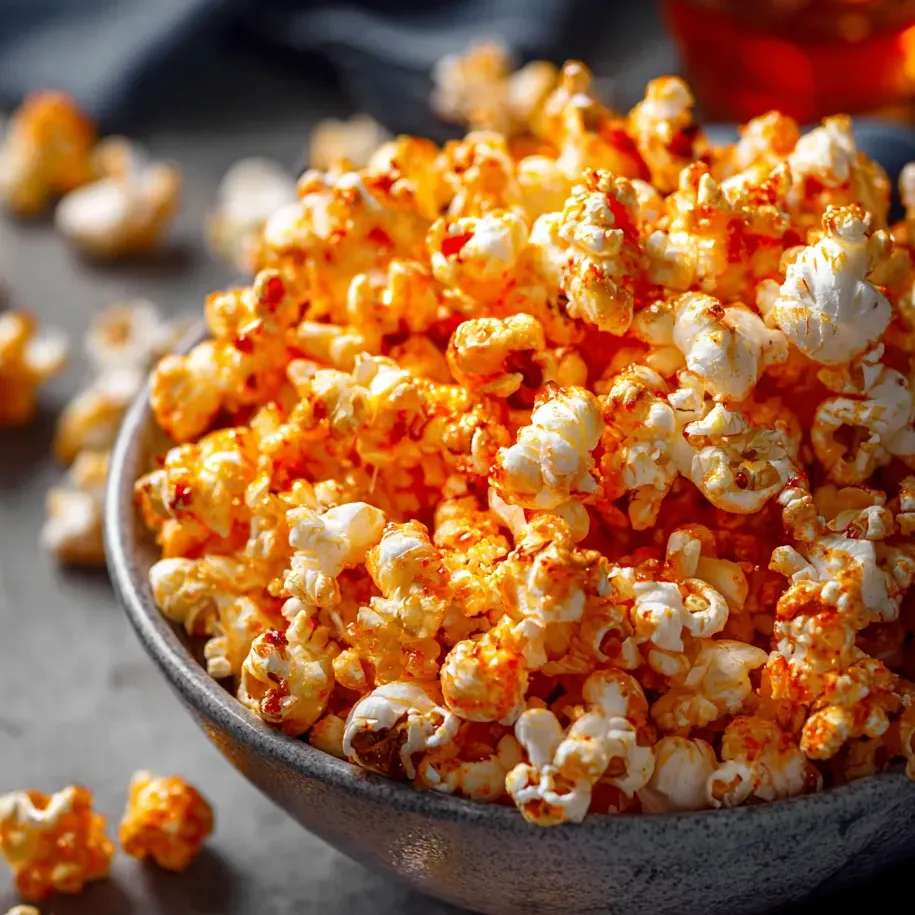 Eine Schale Popcorn mit schwarzer Serviette auf dem Tisch.