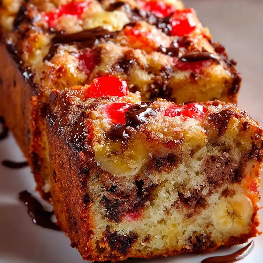 Ein Stück Kuchen mit Schokolade und Banane.