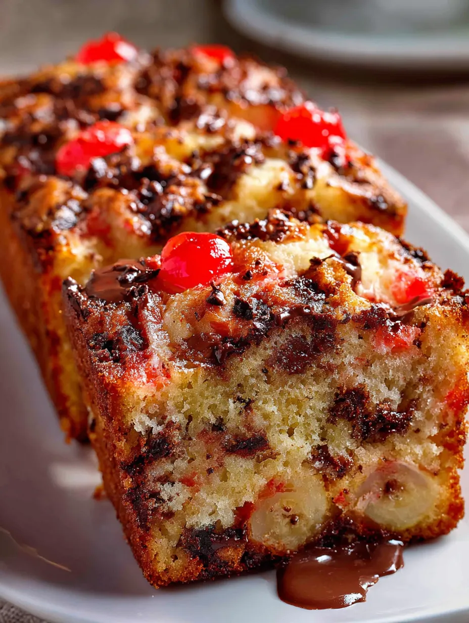Ein Stück Kuchen mit Schokoguss und Kirschen.