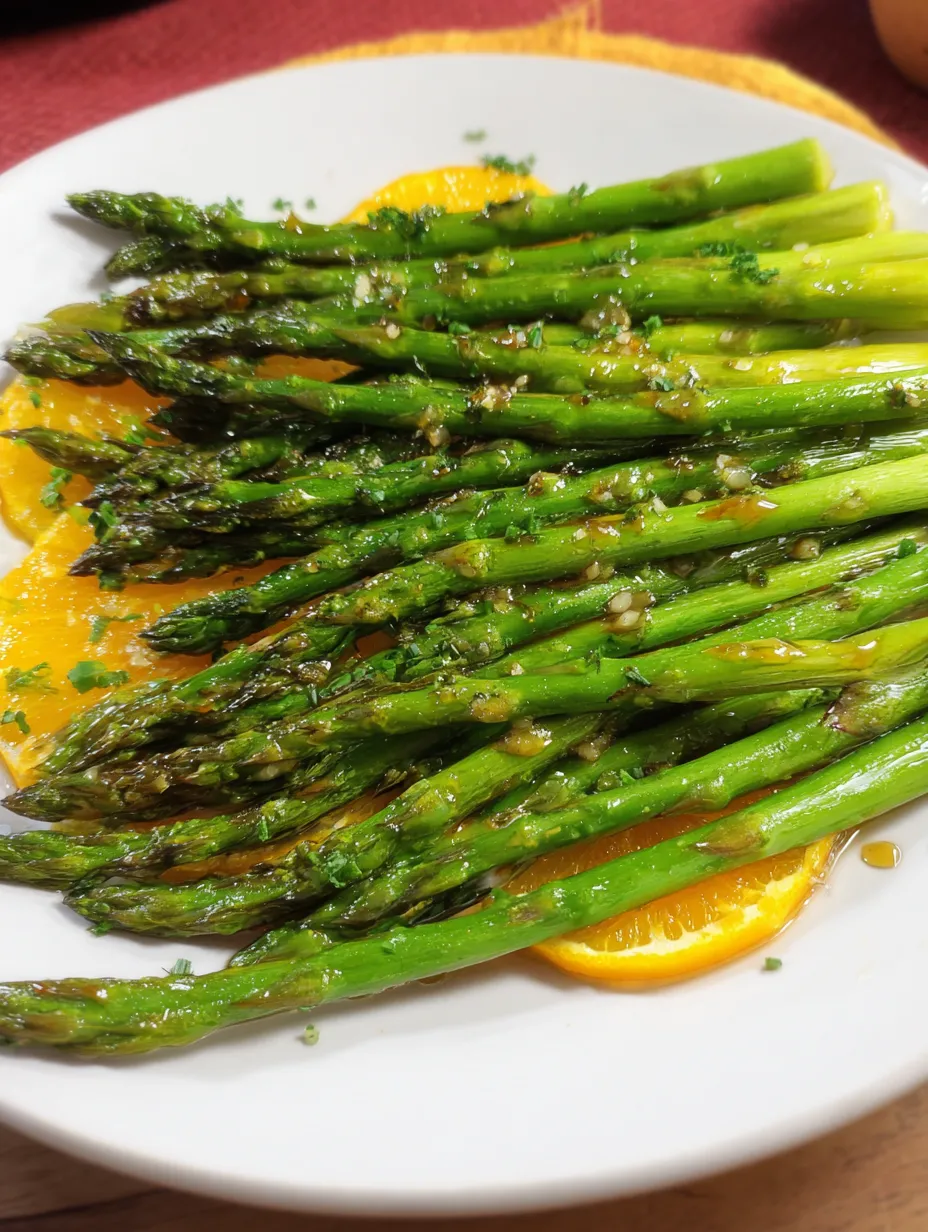 Ein Teller mit Spargel und Orangenscheiben.