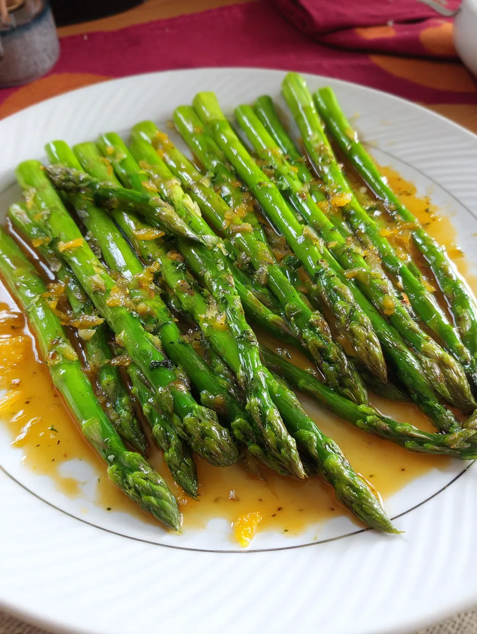 Ein Teller gebratener Spargel mit Orangensauce.