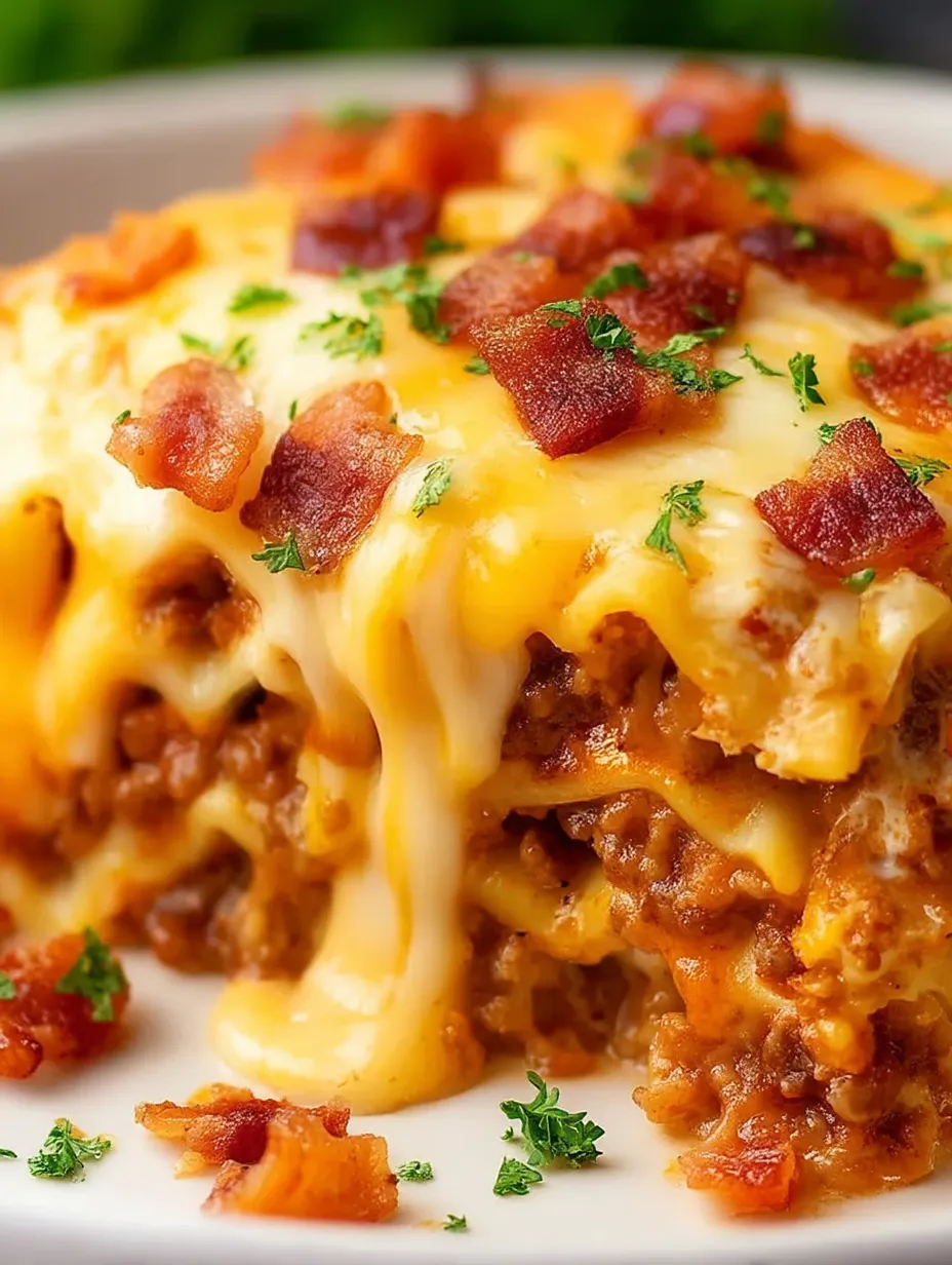 Teller voll Bacon und cremigem Käse.
