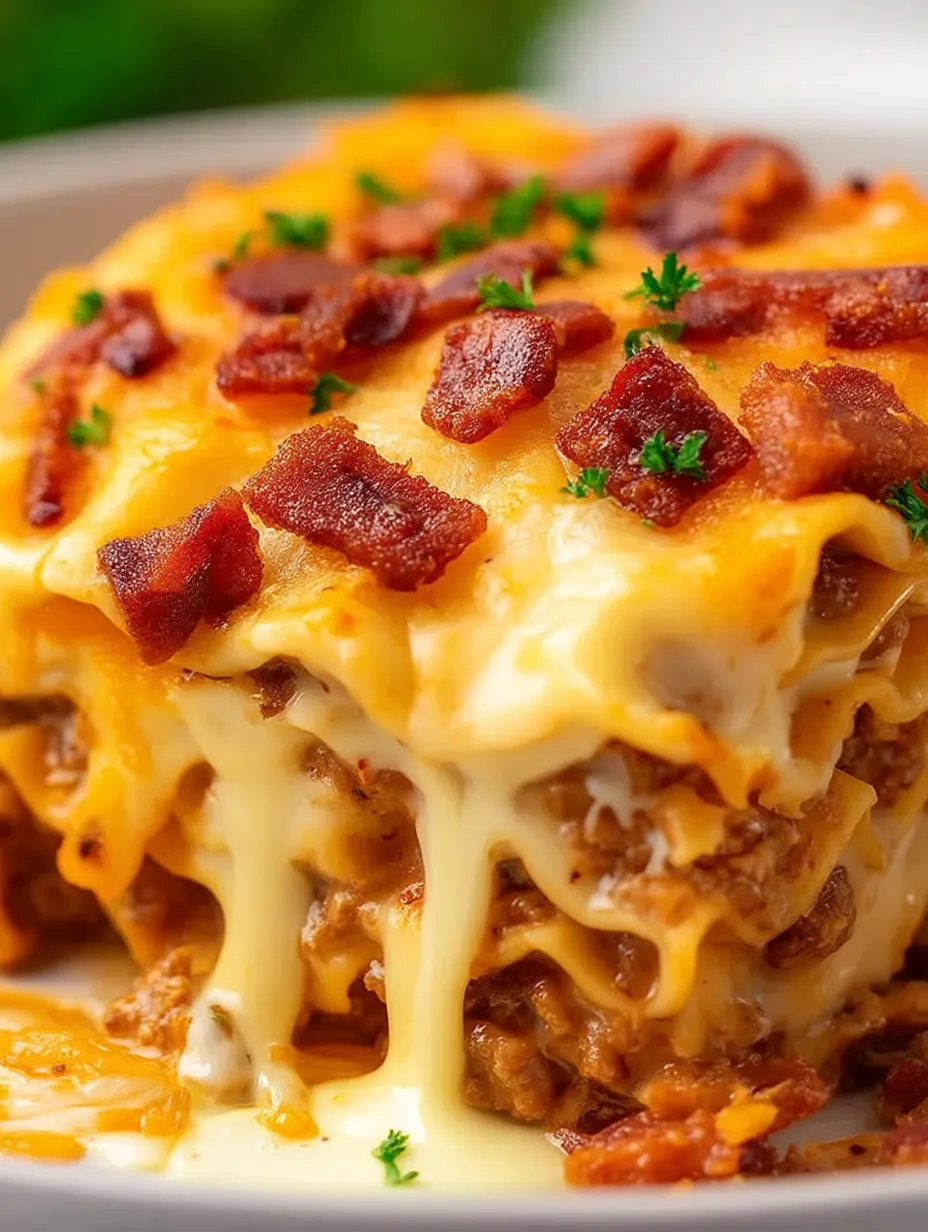 Eine knusprige Schicht Bacon und geschmolzener Käse ganz nah.
