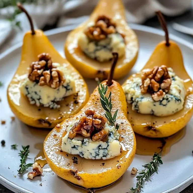 Ein Teller mit Birnenhälften, Walnüssen und Käse getoppt.