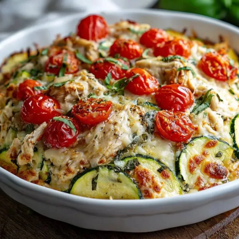 Ein Teller mit Tomaten, Zucchini und Hähnchen.