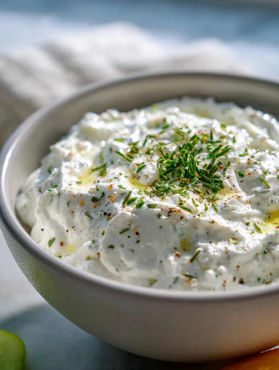 Dip mit grünen Kräutern auf weißer Creme in einer Schale.