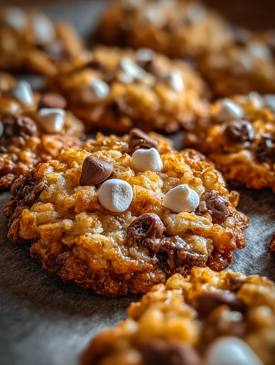 Nahaufnahme von einem Cookie mit Marshmallows und Schokostückchen.
