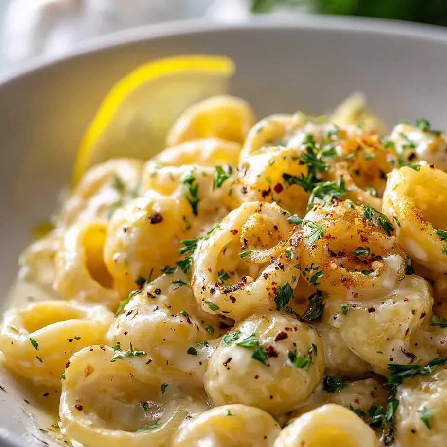 Eine Schale Pasta mit Zitronenschnitz obendrauf.
