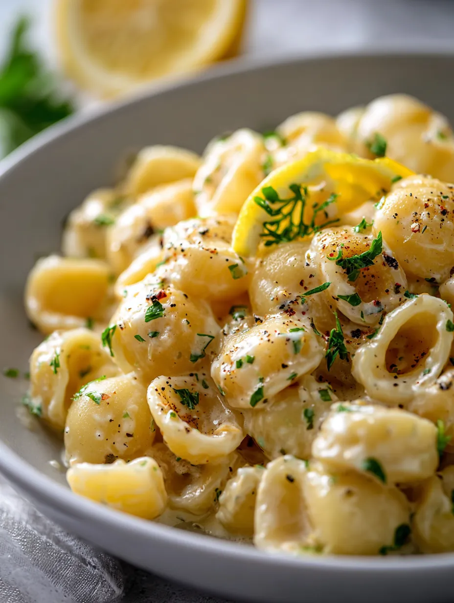 Eine Schale Pasta mit Zitrone und Kräutern.
