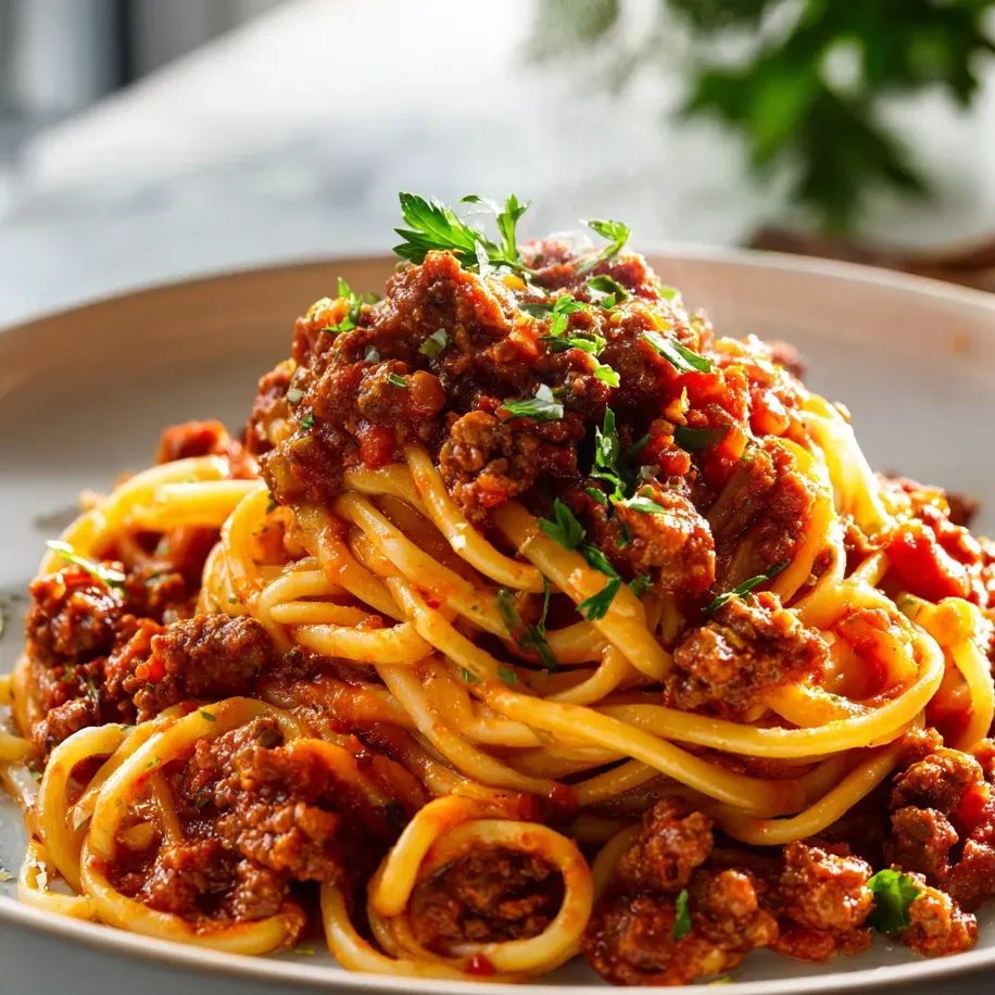 Ein Teller Spaghetti mit Fleischsauce.