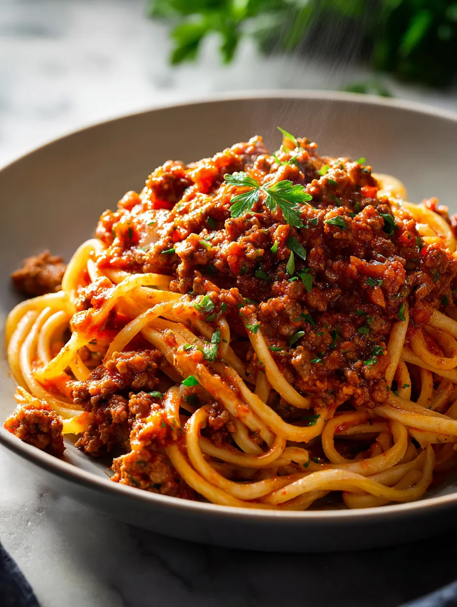 Eine Schale Spaghetti mit Hackfleischsoße.