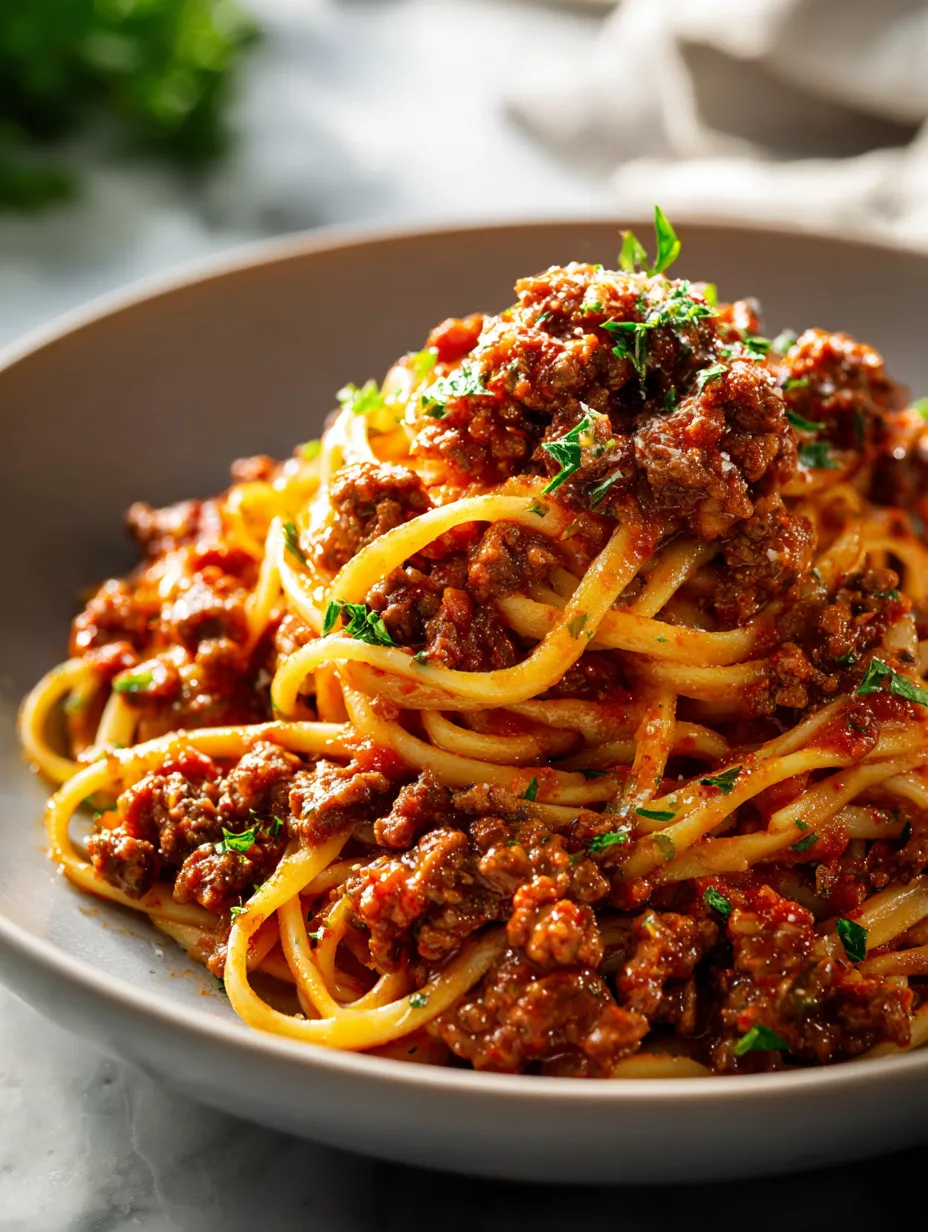 Eine Schale Spaghetti mit Hackfleischsoße.