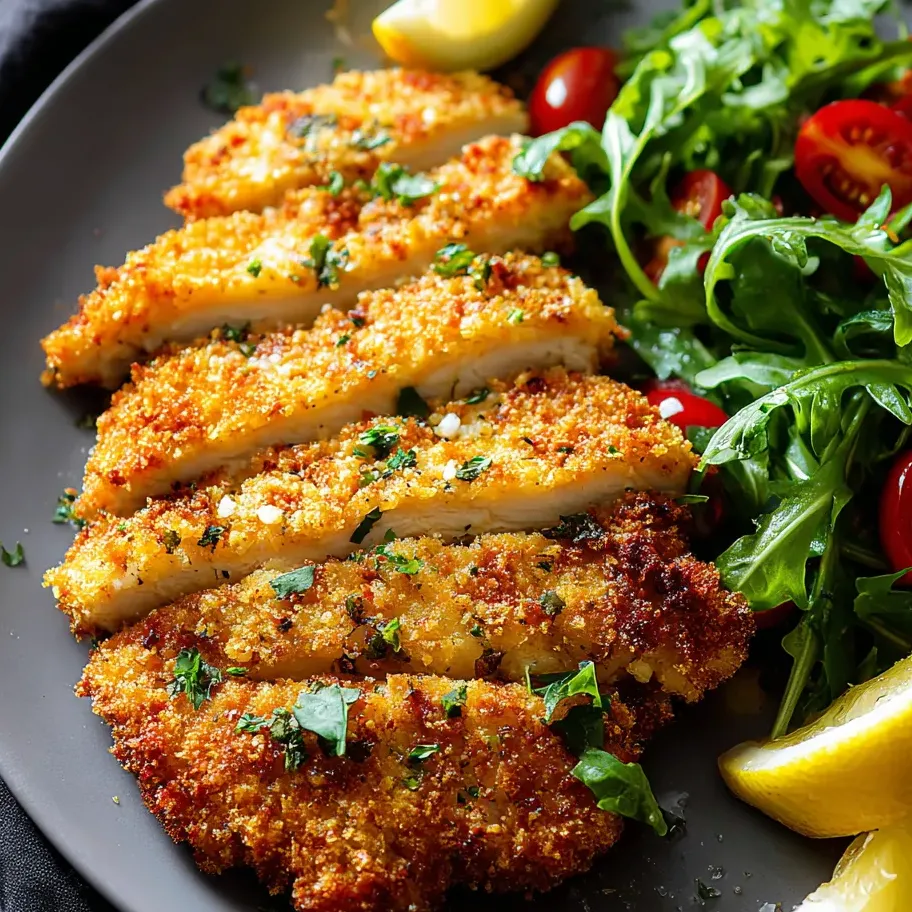 Ein Teller mit Hähnchen, Tomaten, Salat und einem Zitronenstück.