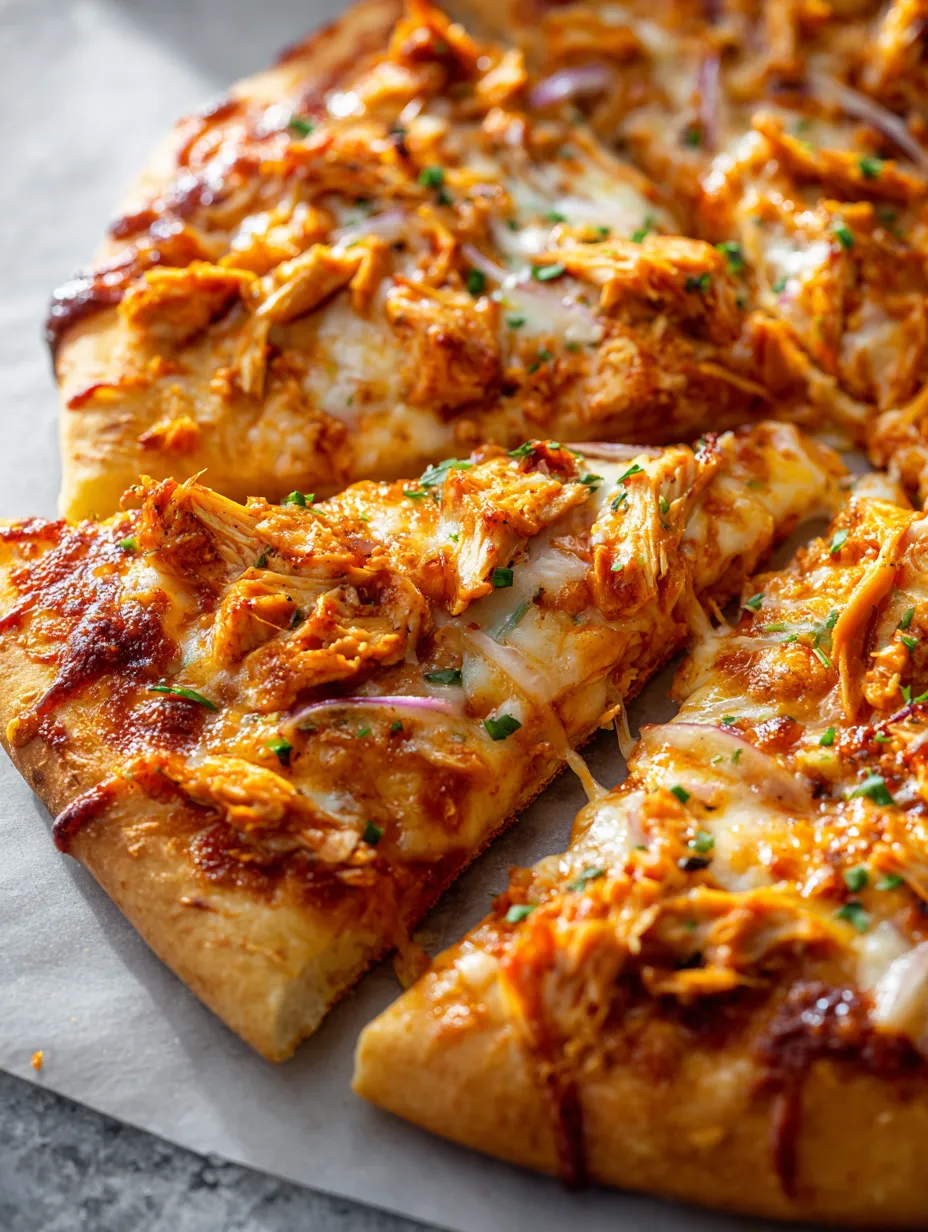 Ein Pizzastück mit Hähnchen und viel Käse.