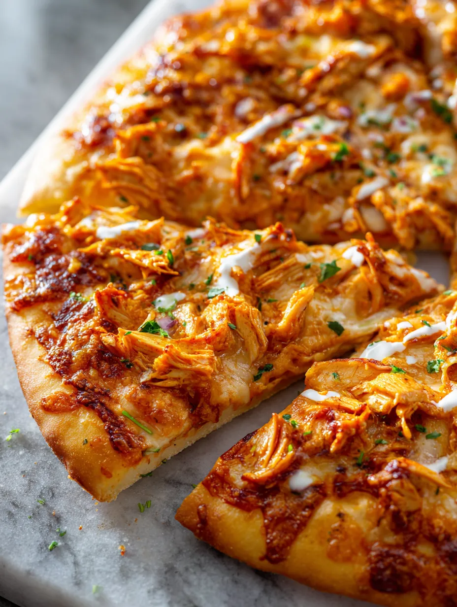 Ein Pizzastück mit Hähnchen und viel Käse.