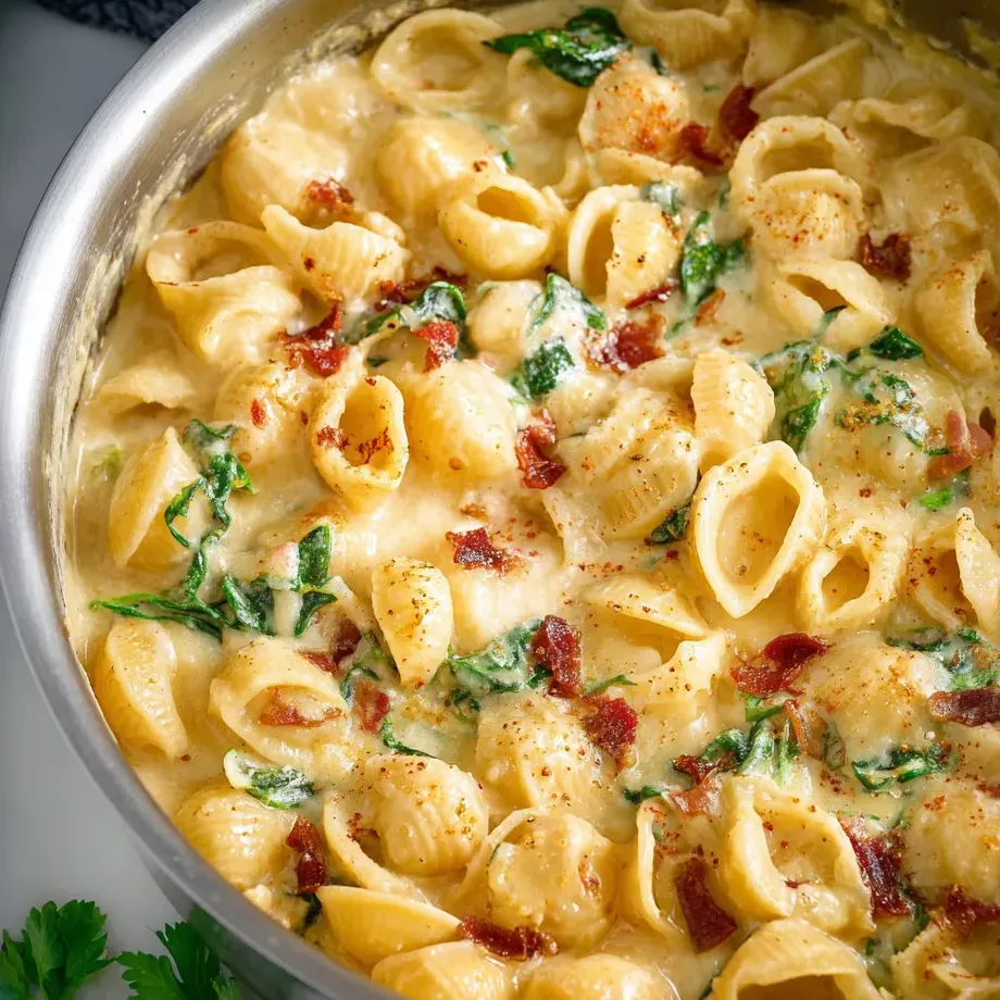 Eine Schüssel Pasta mit Käse und Speck.