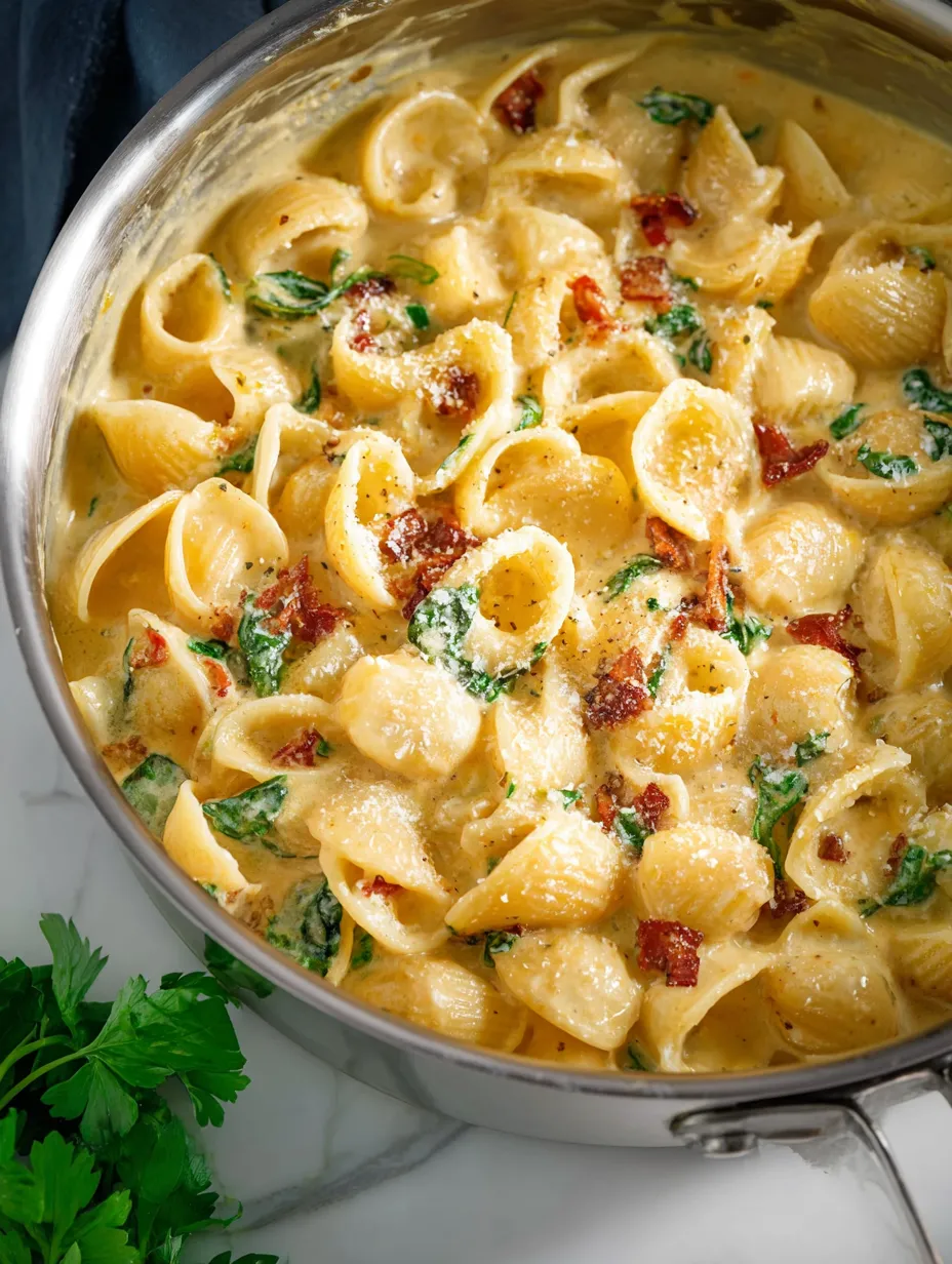 Schale mit Pasta, Bacon und Käse.