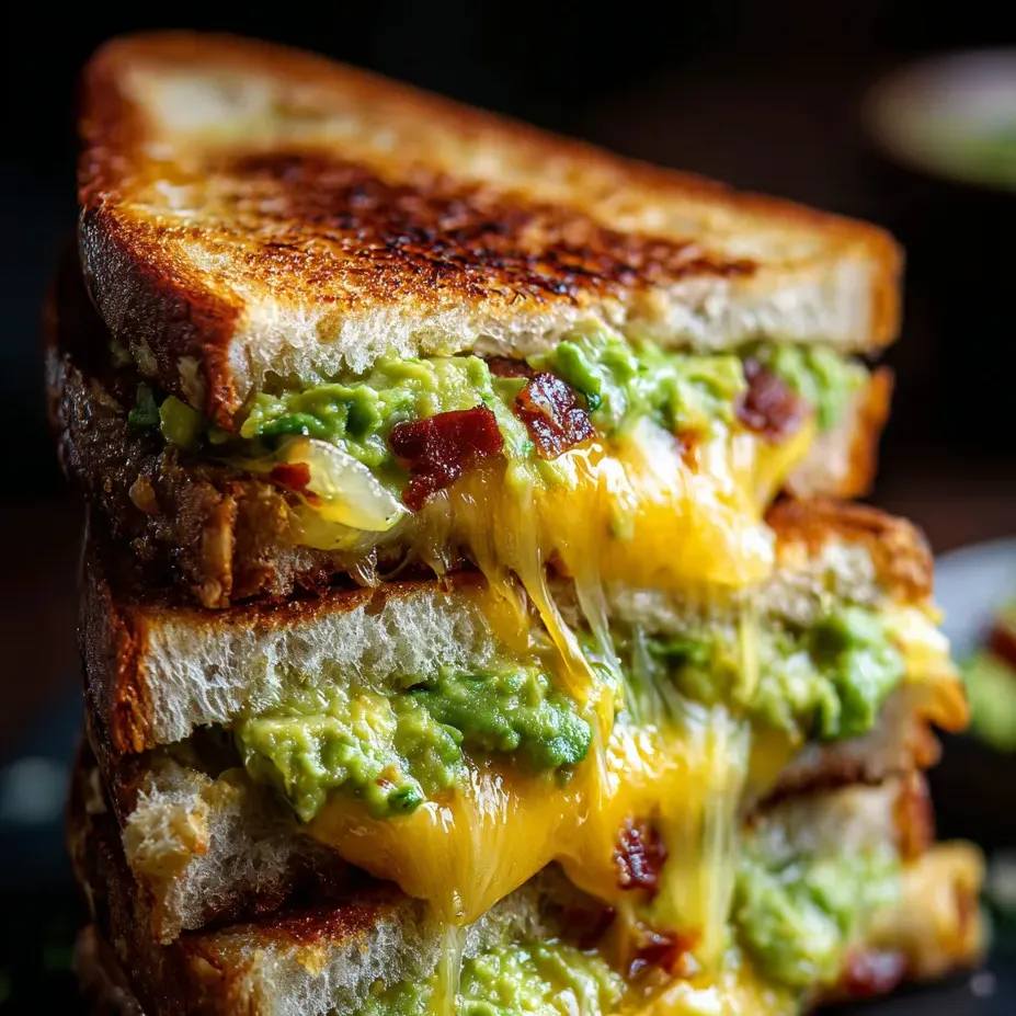 Ein Sandwich-Stapel mit Avocado und Käse.