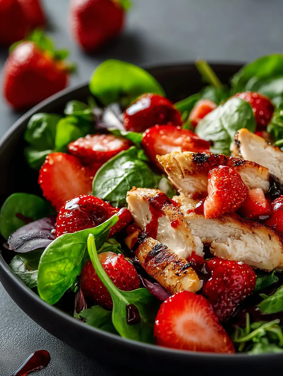 Eine Schale Salat mit Erdbeeren und Hähnchen.