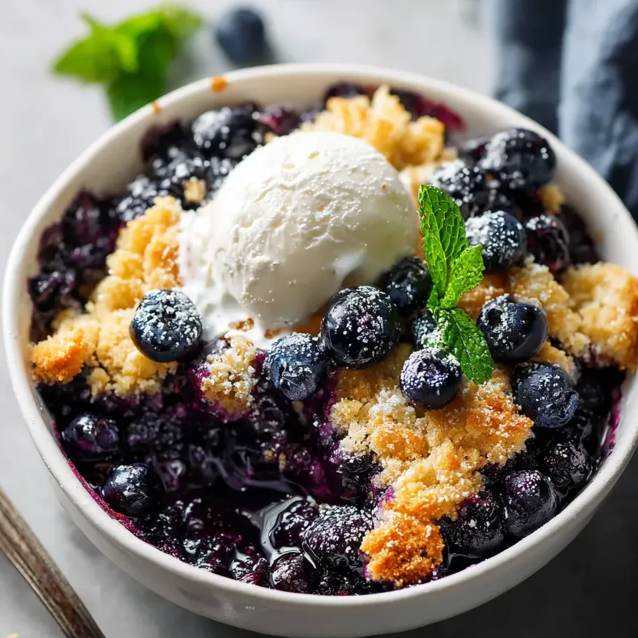 Eine Schale Heidelbeeren mit einer Kugel Eis obendrauf.